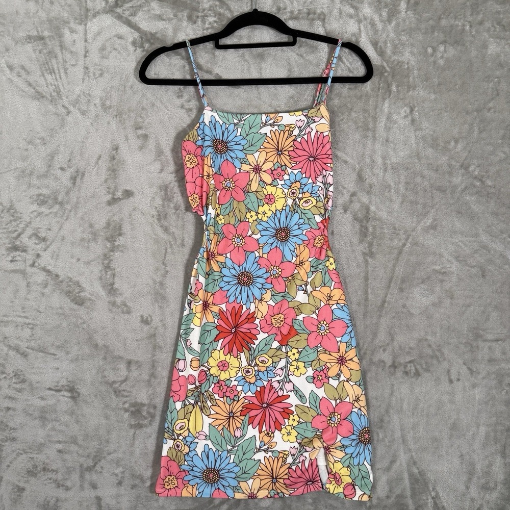 Women's Retro Floral Y2K Bodycon Dress Spaghetti Strap Mini Sz Small